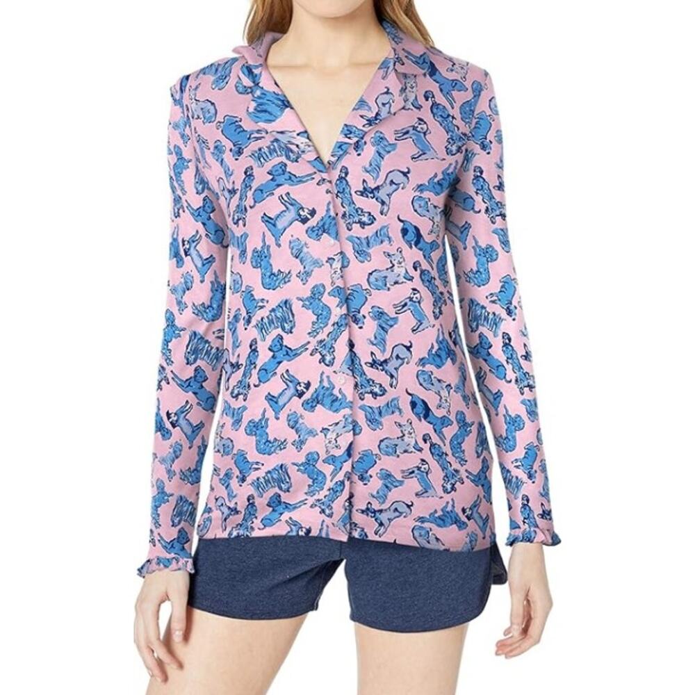 Lilly Pulitzer PJ Button Up Ruffle Top Zanzibar Blue Ruff Night Dog Print XS